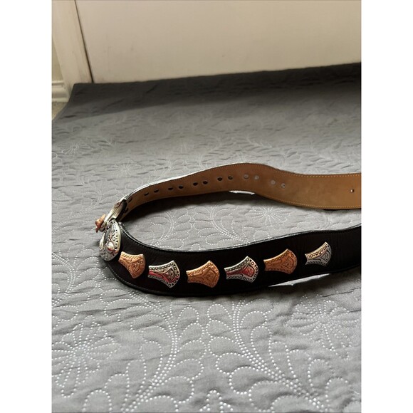 Streets Ahead VTG Silver & Rose Gold Medallion Black Leather Belt SZM/L RARE 42\